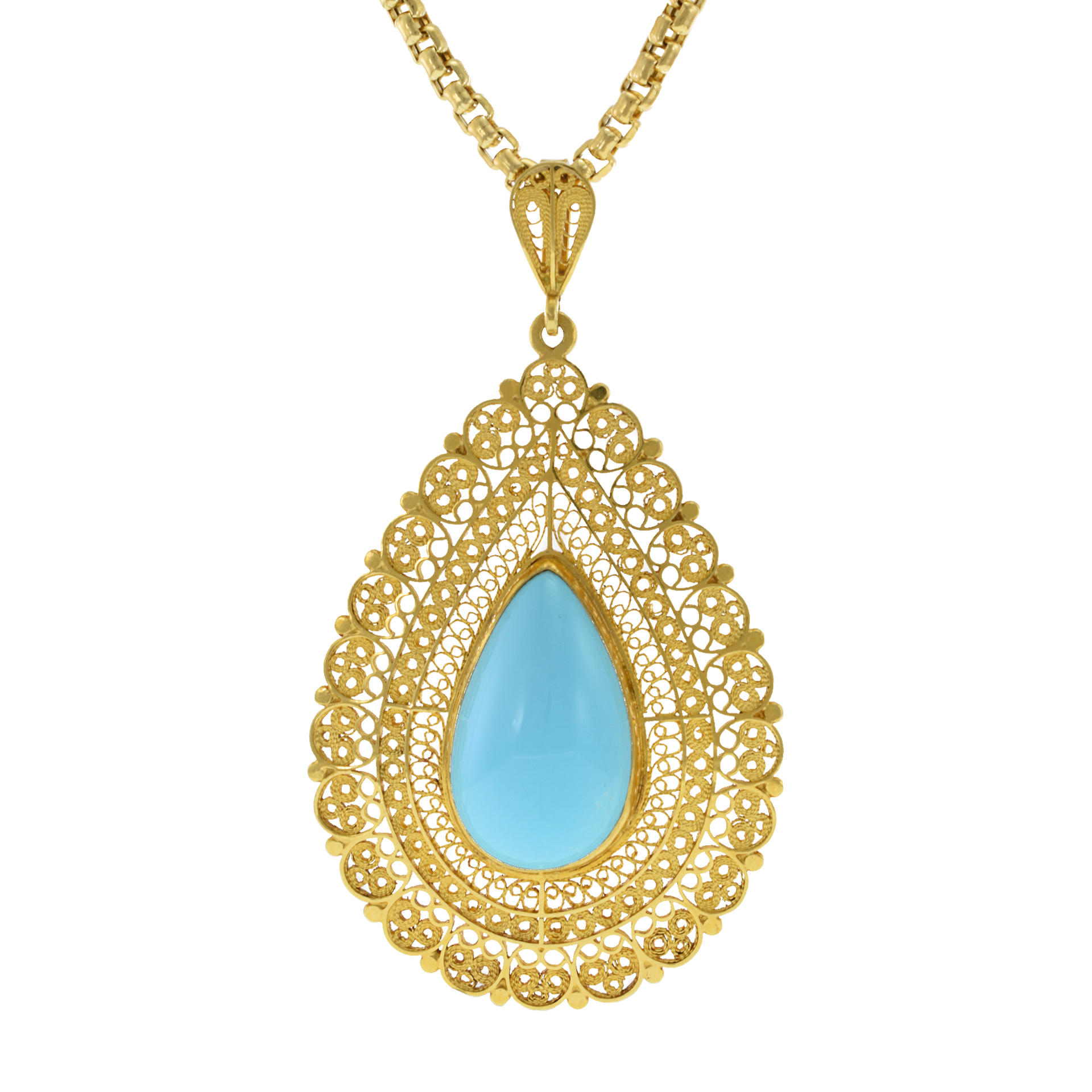 Victorian Era 18KT Yellow Gold Filigree Pendant with Persian Turquoise