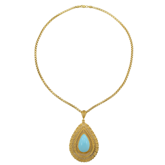 Victorian Era 18KT Yellow Gold Filigree Pendant with Persian Turquoise