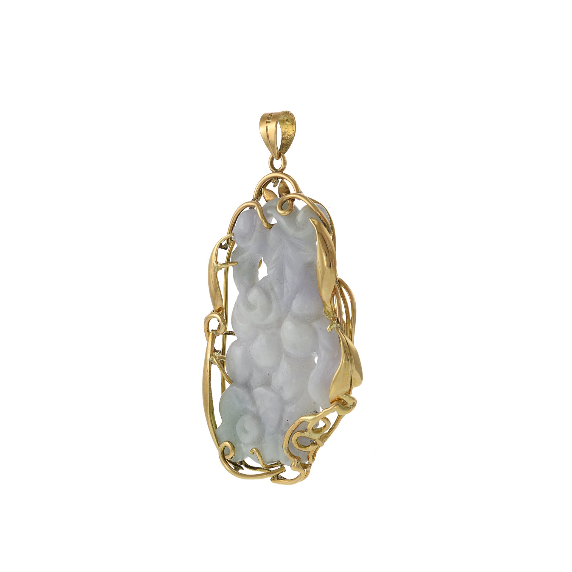 14KT Yellow Gold Estate Genuine White and Green Jade Carving Pendant