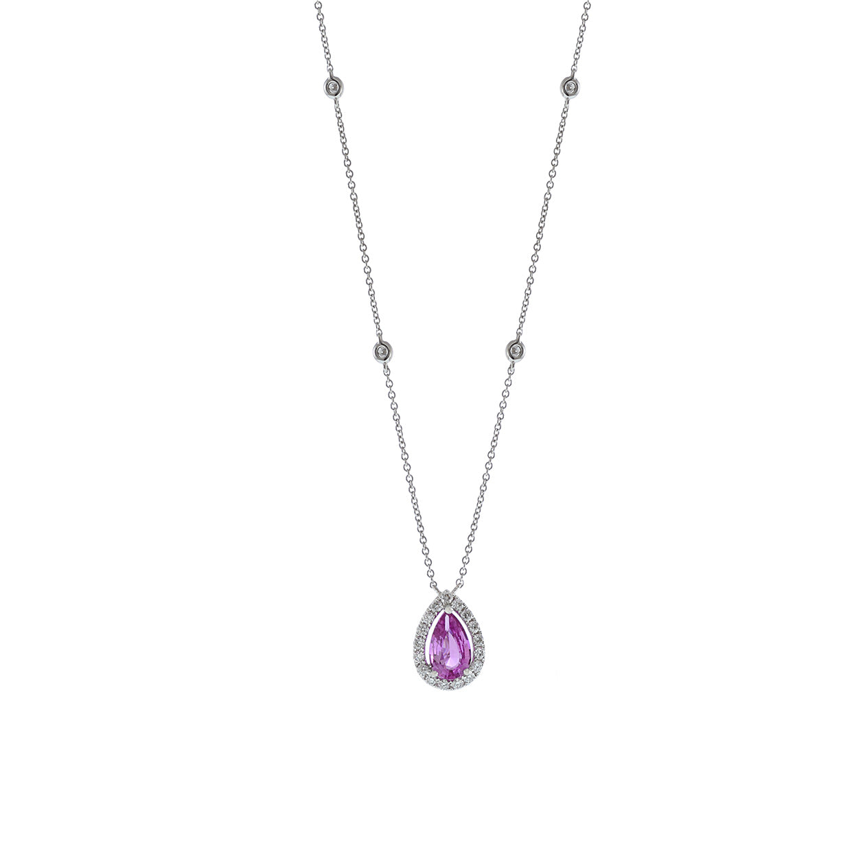 18KT White Gold Pear Shaped Ceylon Pink Sapphire Diamond Necklace