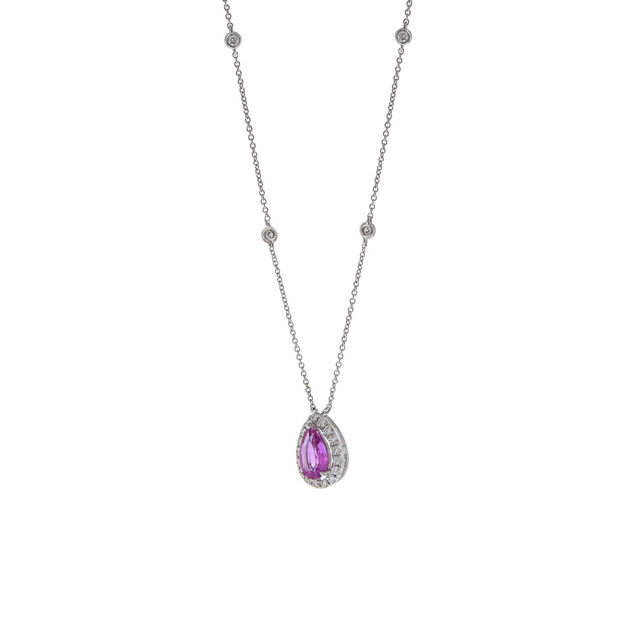 18KT White Gold Pear Shaped Ceylon Pink Sapphire Diamond Necklace