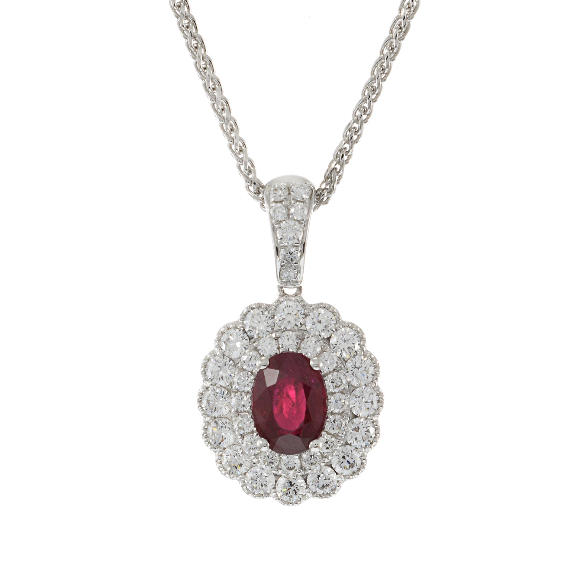 18KT White Gold IGI Certified Ruby and Diamond Pendant with Chain