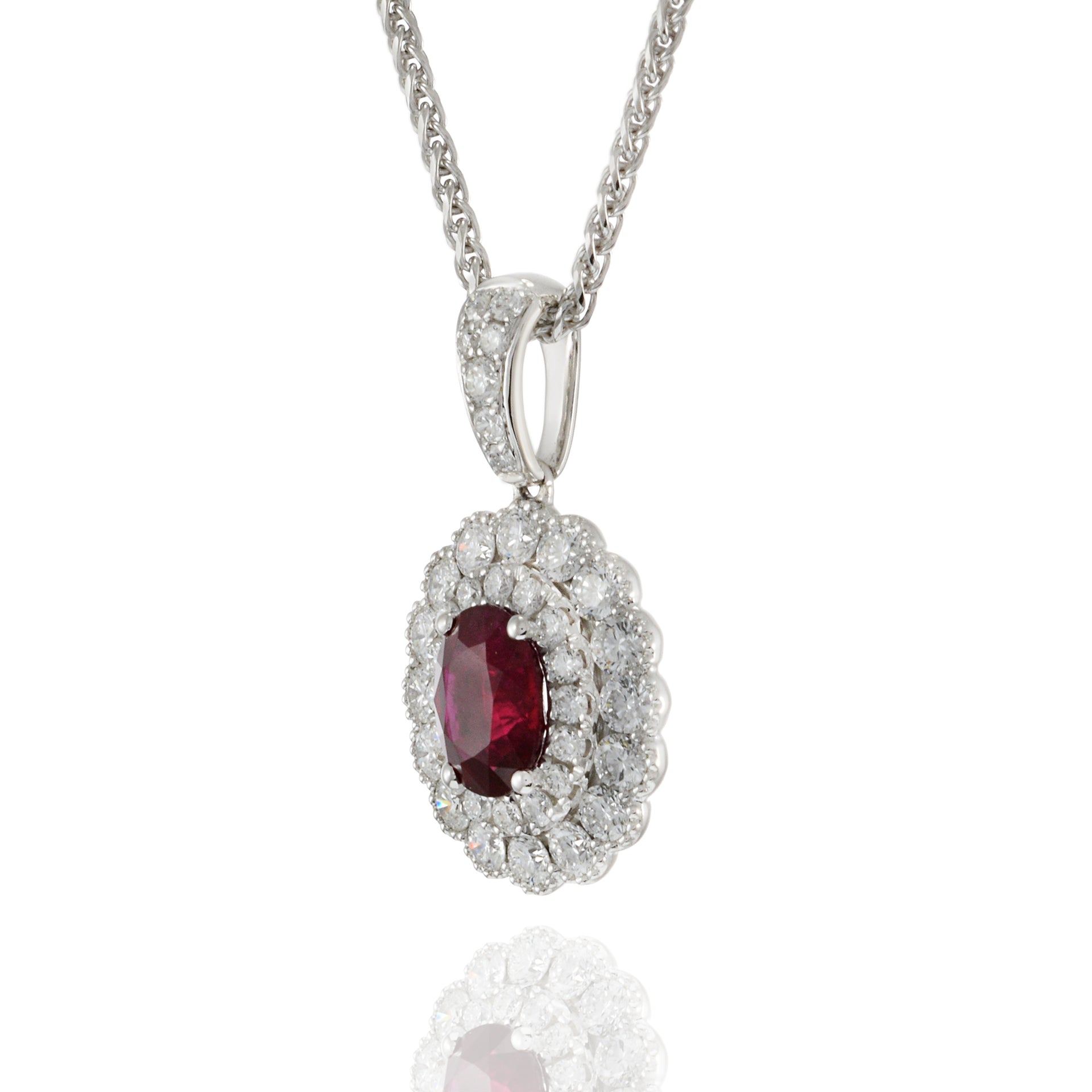 18KT White Gold IGI Certified Ruby and Diamond Pendant with Chain