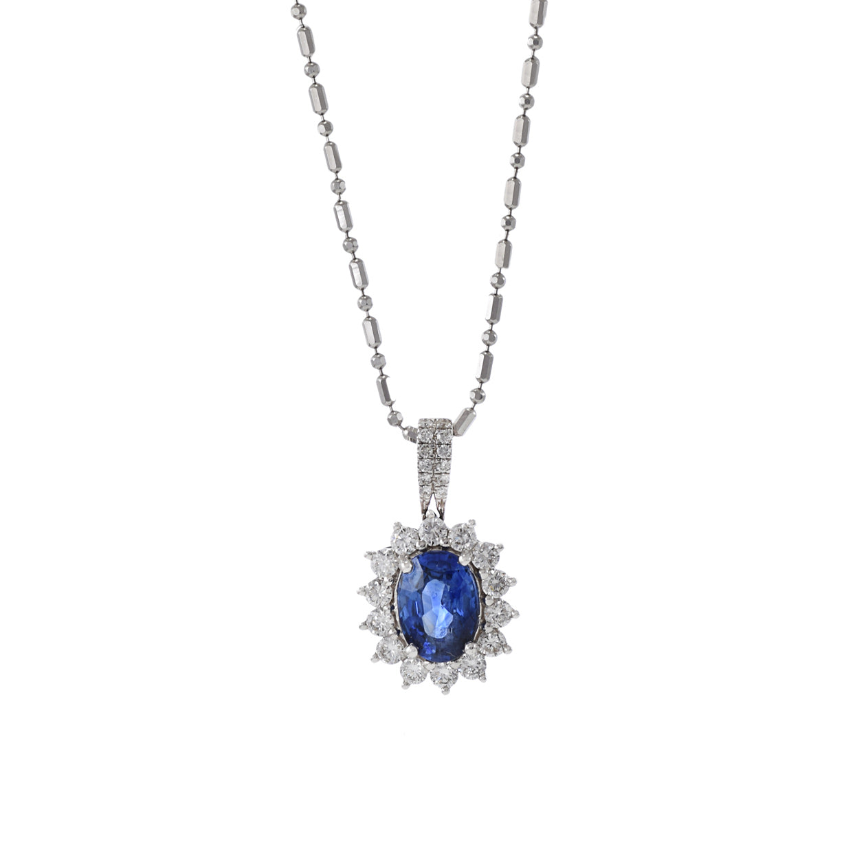 18KT White Gold Blue Sapphire And Diamond Pendant Necklace