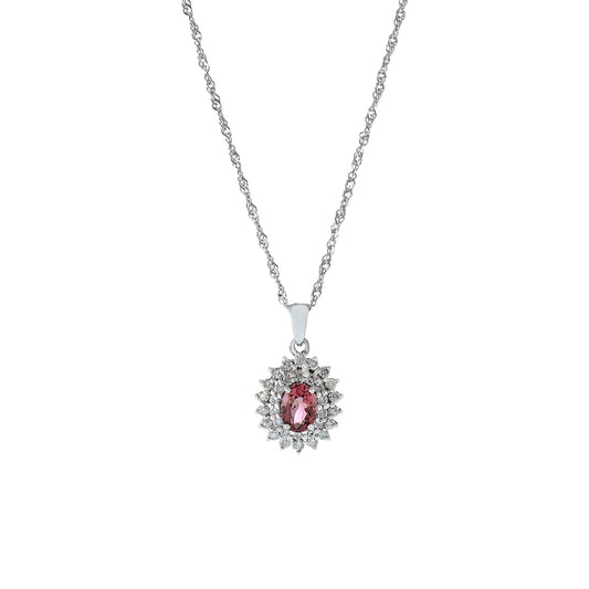 18KT White Gold Oval Pink Sapphire And Diamond Pendant Necklace