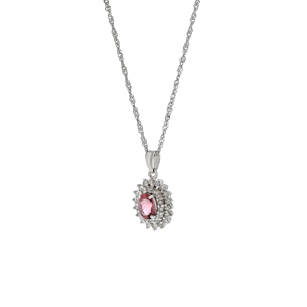 18KT White Gold Oval Pink Sapphire And Diamond Pendant Necklace