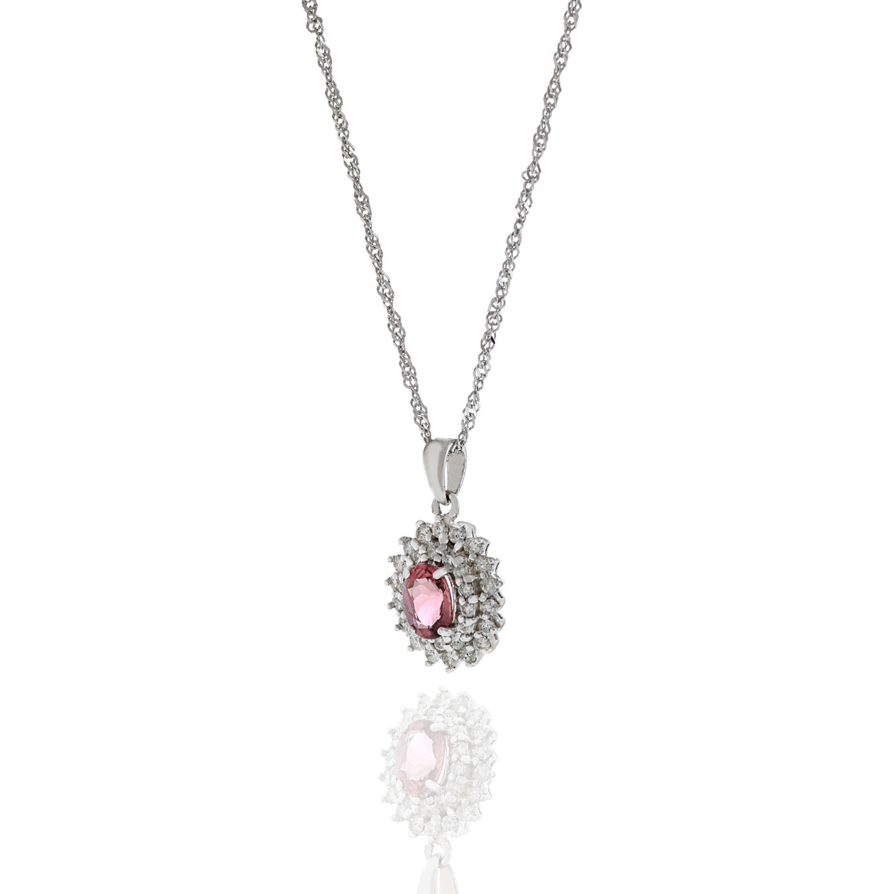 18KT White Gold Oval Pink Sapphire And Diamond Pendant Necklace