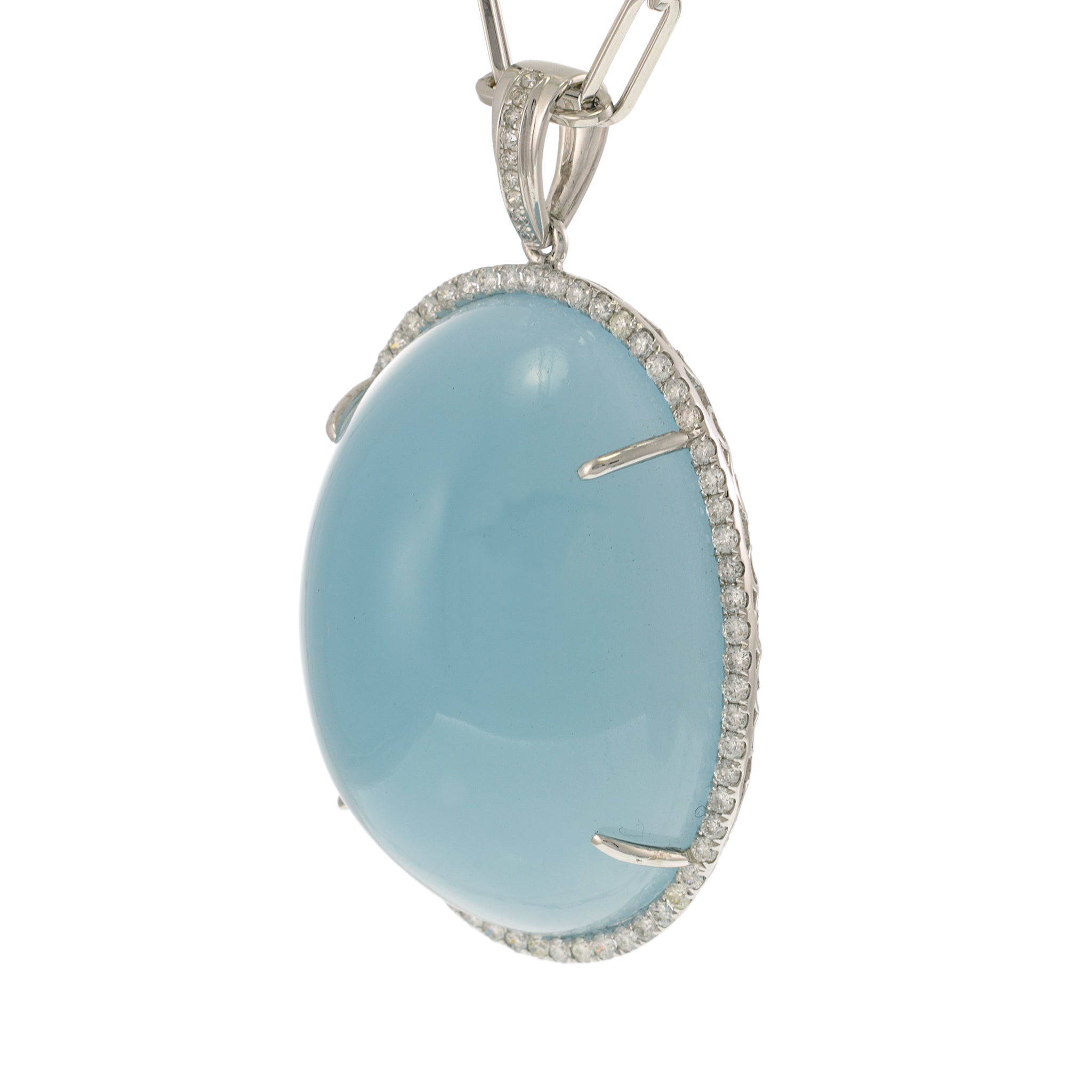 18KT White Gold Aquamarine Cabochon Halo Diamond Pendant