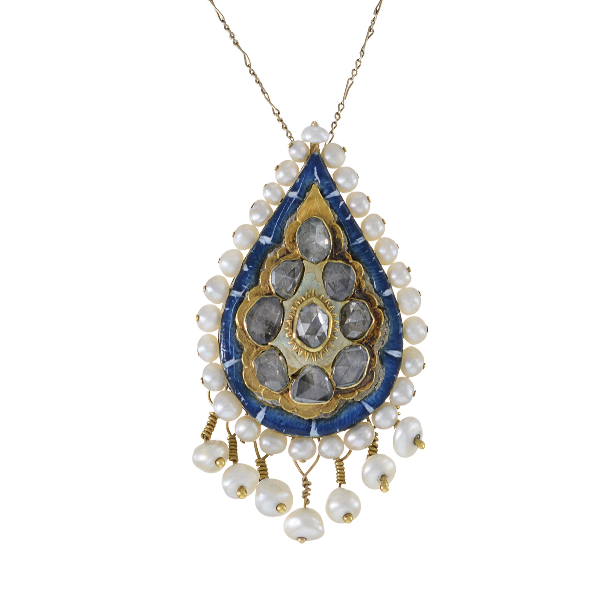 18KT Yellow Gold Antique Victorian Era Enamel, Diamond, and Pearl Pendant