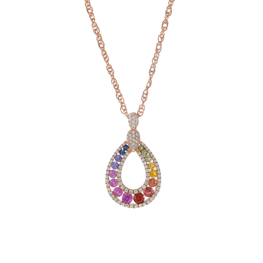 18KT Rose Gold  Round Cut Diamond and Multi Color Sapphire Drop Pendant with Chain