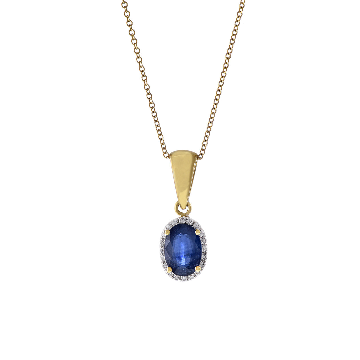 18KT Yellow Gold Oval Blue Sapphire And Diamond Pendant Necklace