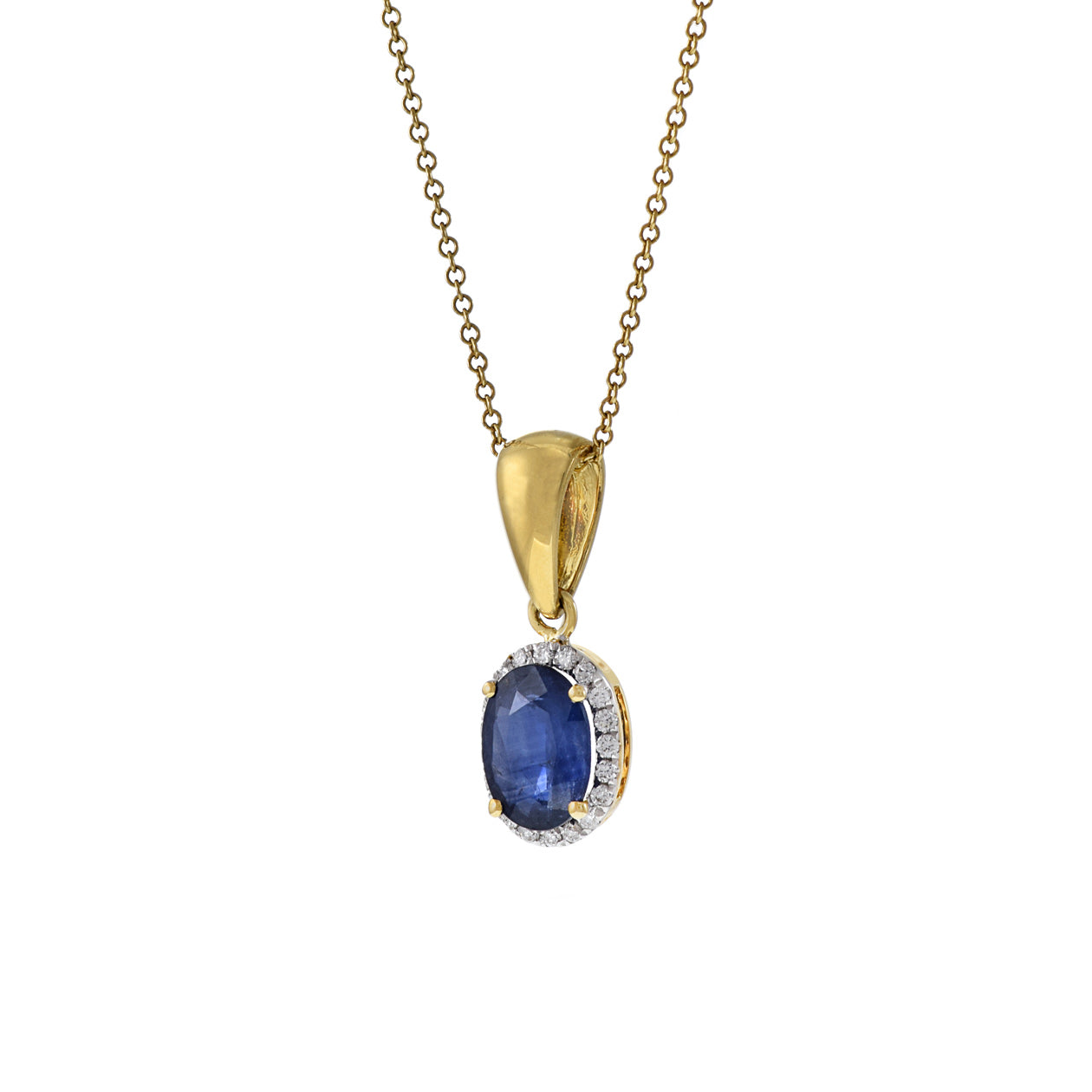 18KT Yellow Gold Oval Blue Sapphire And Diamond Pendant Necklace