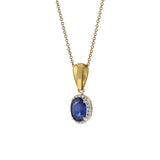 18KT Yellow Gold Oval Blue Sapphire And Diamond Pendant Necklace