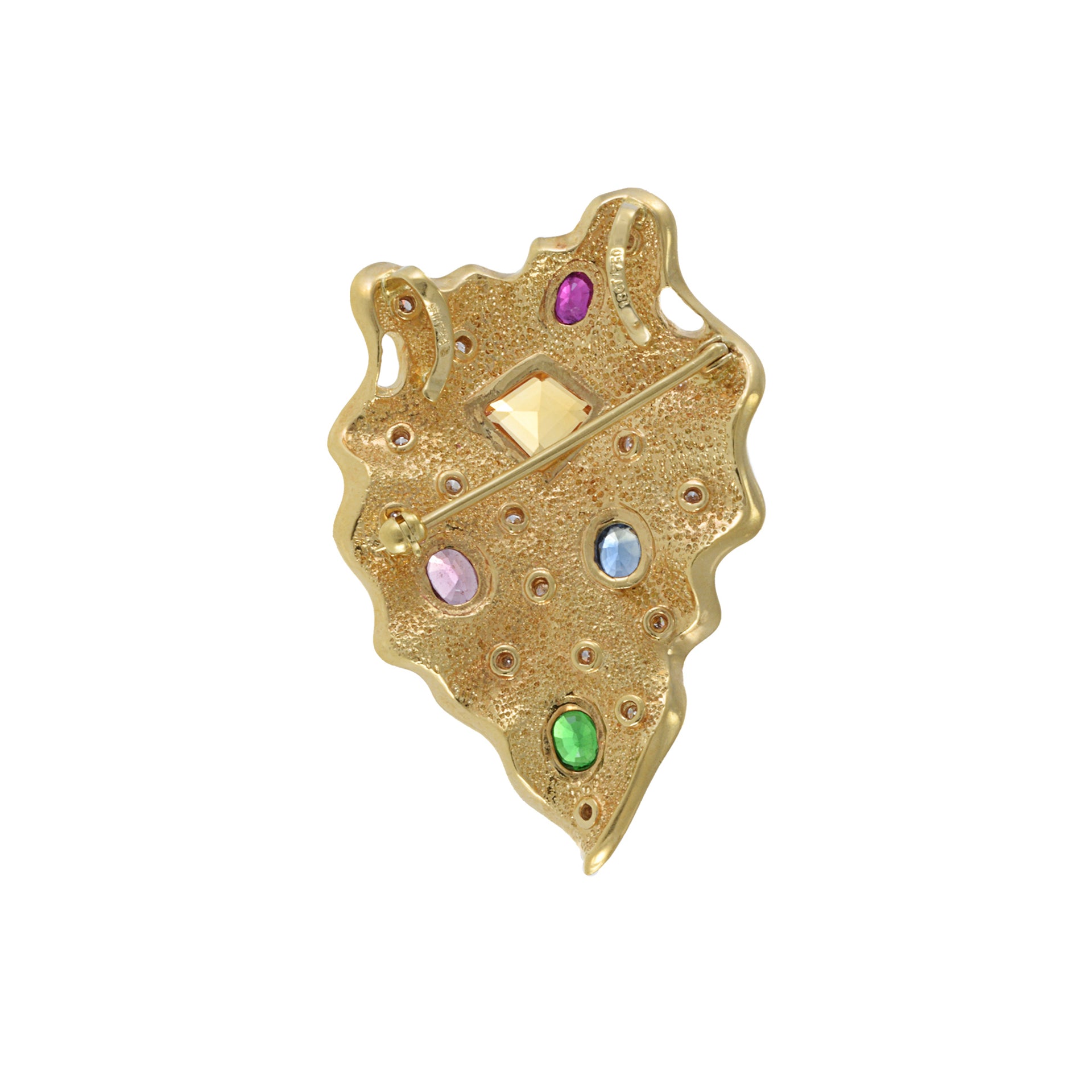 Vintage 1970's 18KT Yellow Gold Multi-Colored Gems And Diamond Lapel Pin