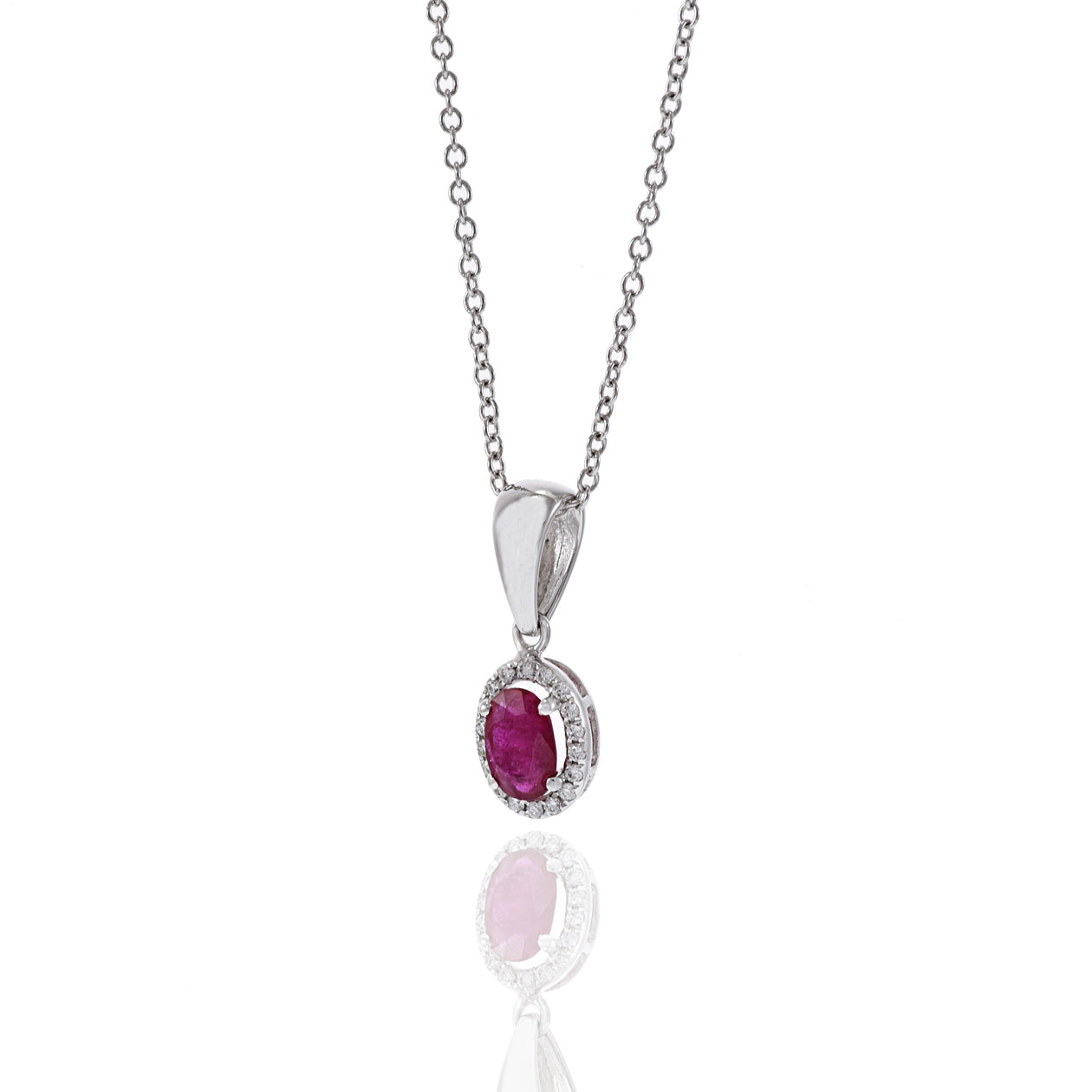 18KT White Gold Oval Shaped Ruby And Diamond Pendant Necklace