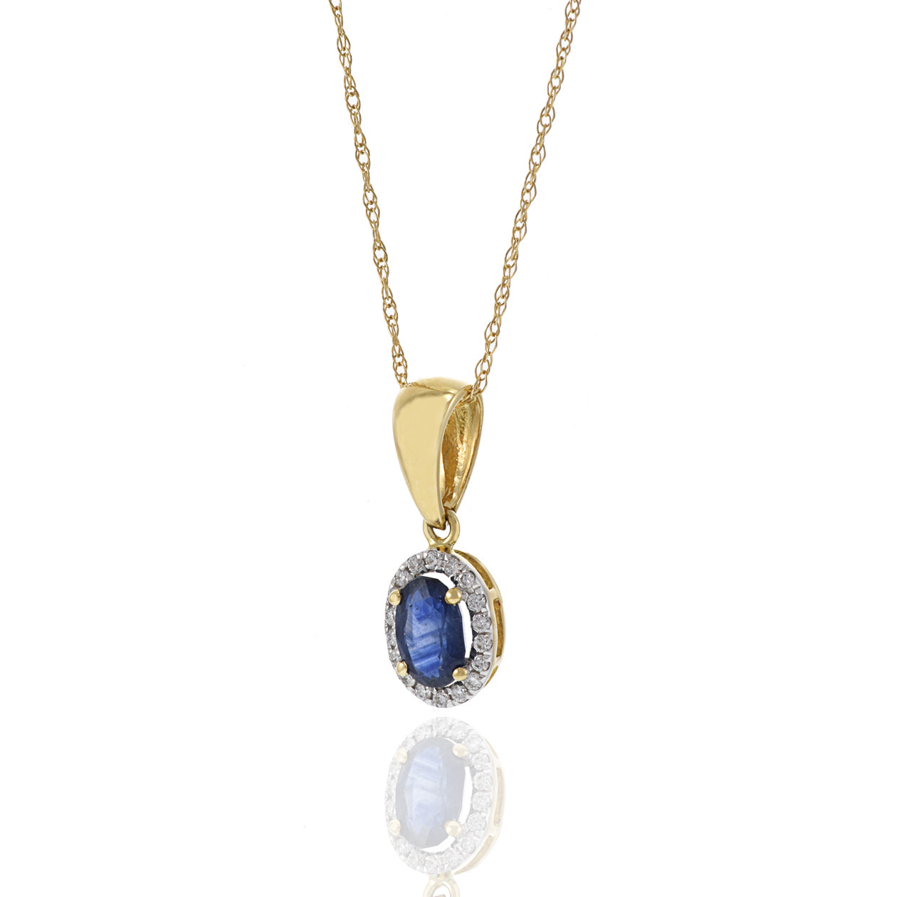 18KT Yellow Gold Oval Blue Sapphire and Diamond Pendant