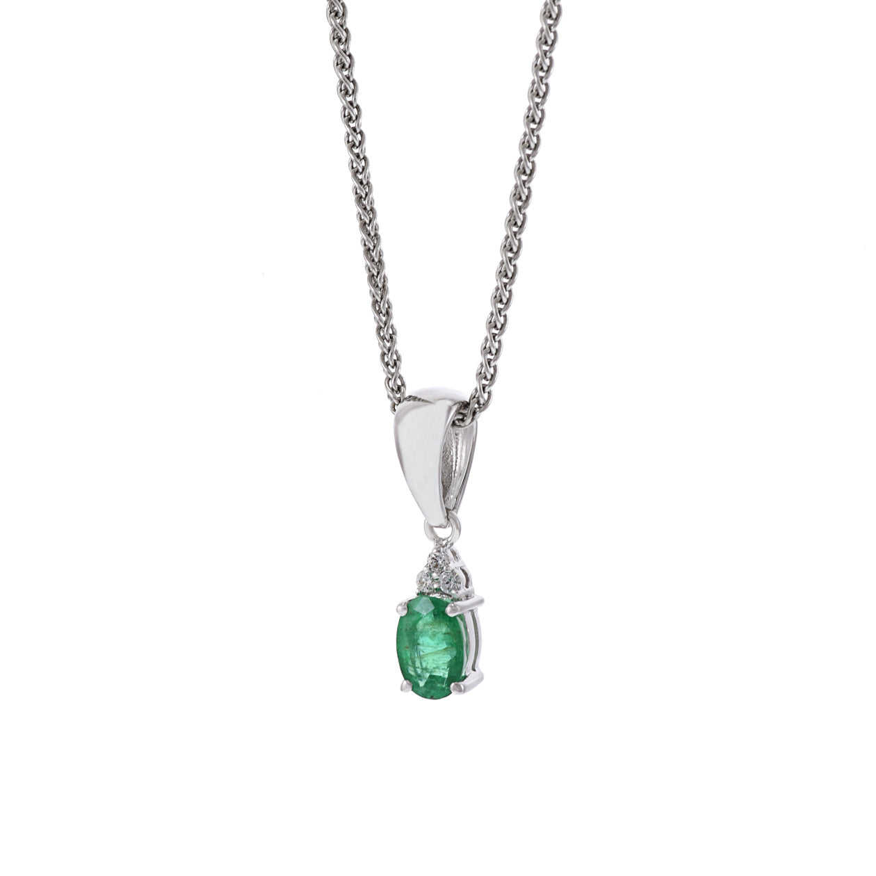 18KT White Gold Oval Emerald And Diamond Pendant