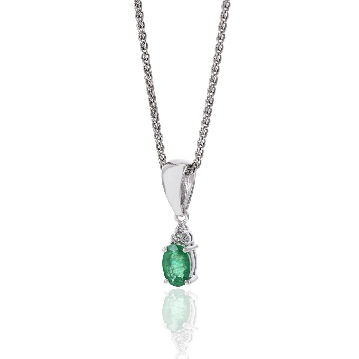 18KT White Gold Oval Emerald And Diamond Pendant