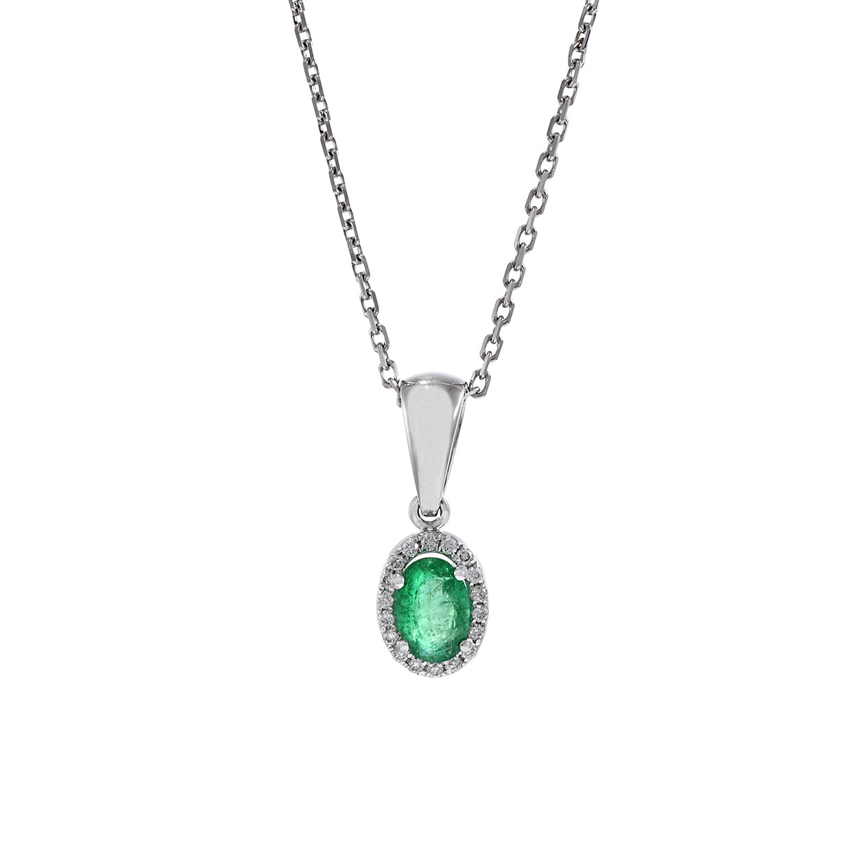 18KT White Gold Oval Emerald and Diamond Pendant