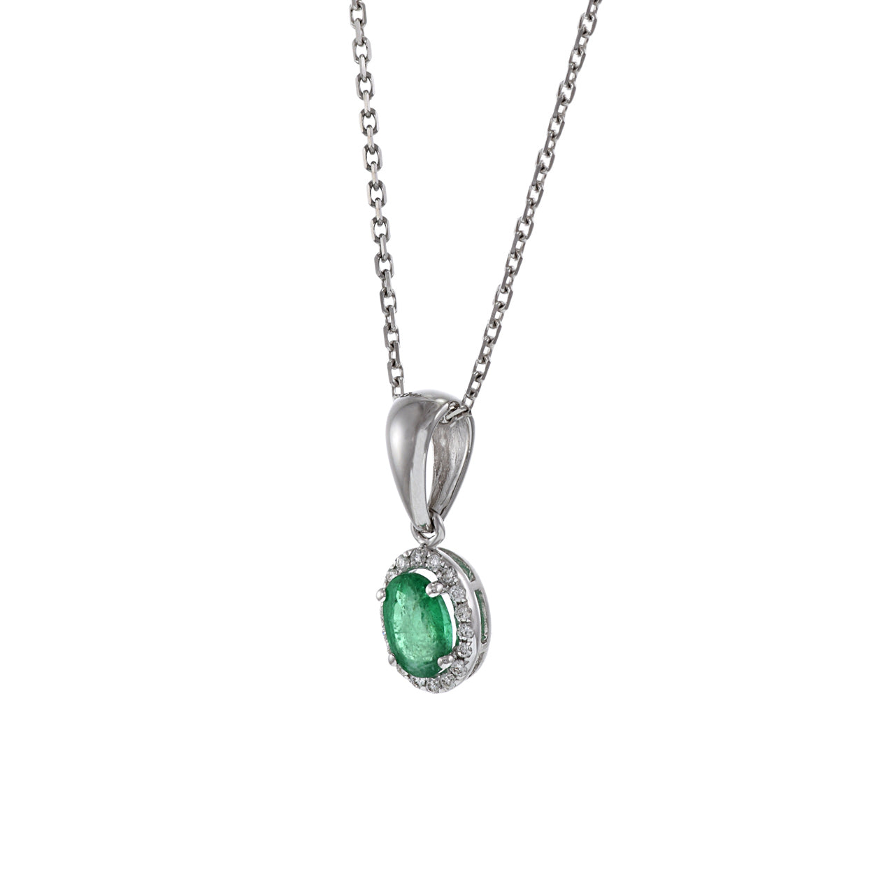 18KT White Gold Oval Emerald and Diamond Pendant