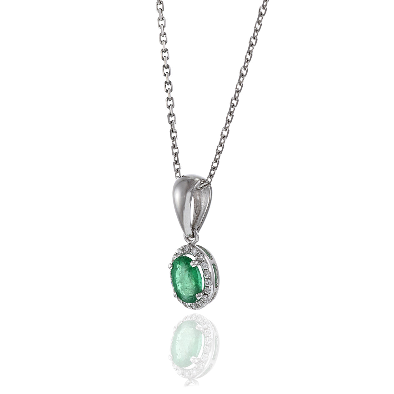 18KT White Gold Oval Emerald and Diamond Pendant