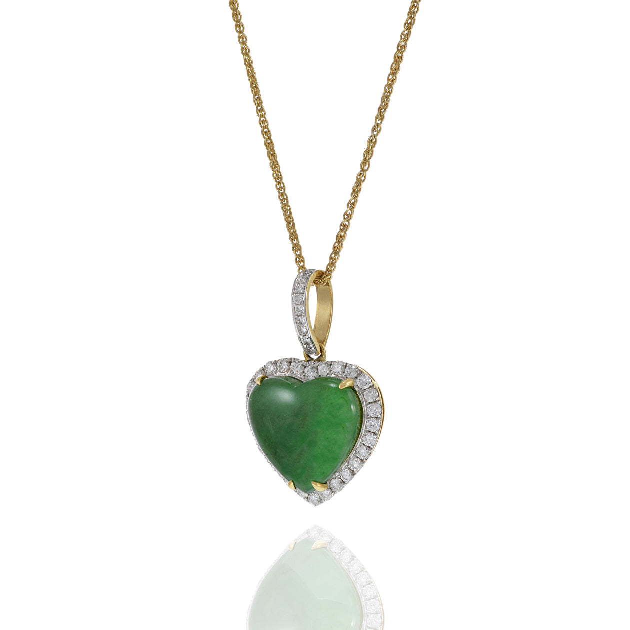 18KT Yellow Gold Jade Heart And Diamond Pendant Necklace
