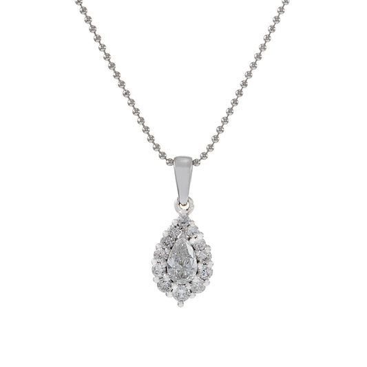 18KT White Gold Pear Shaped Diamond Halo Pendant Necklace