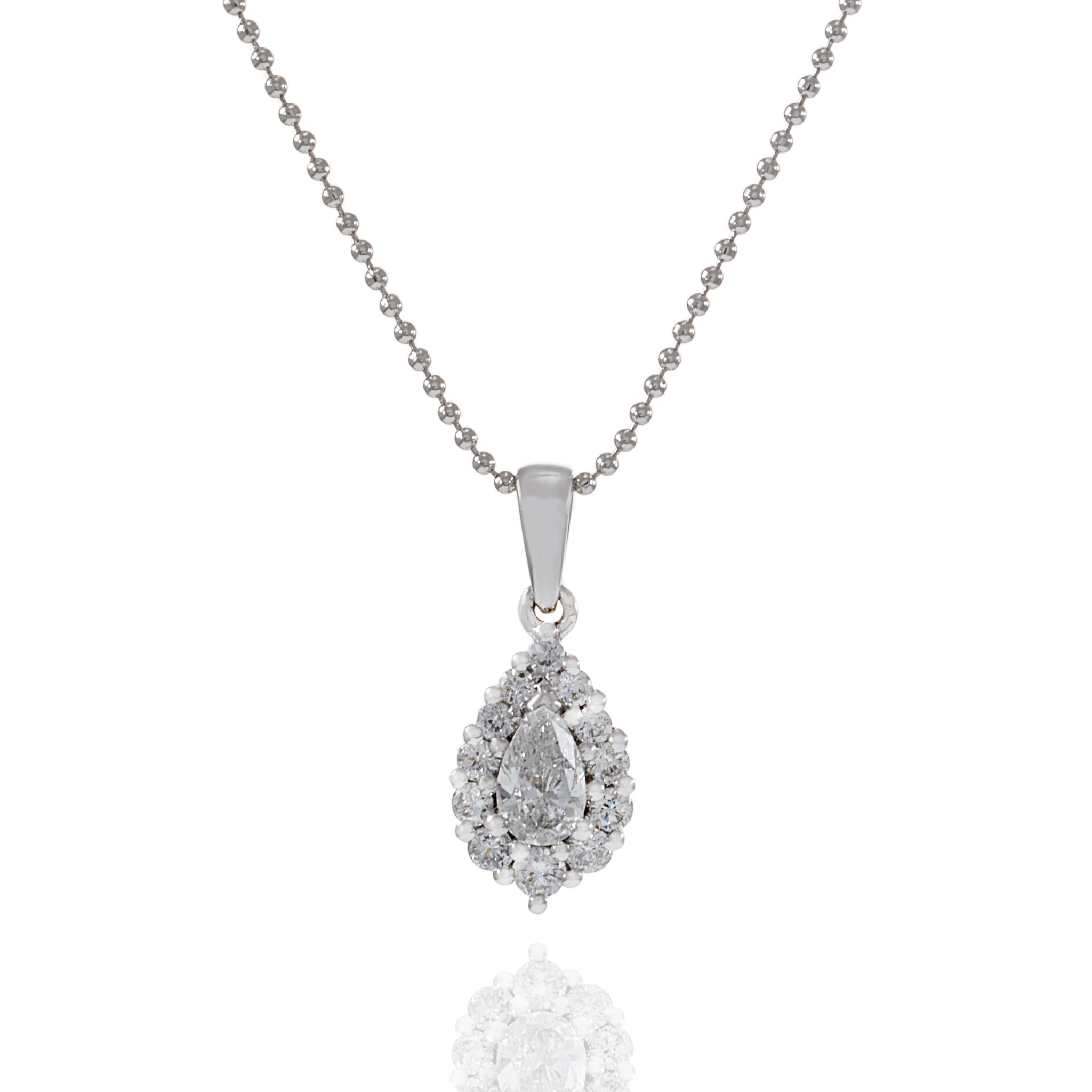 18KT White Gold Pear Shaped Diamond Halo Pendant Necklace