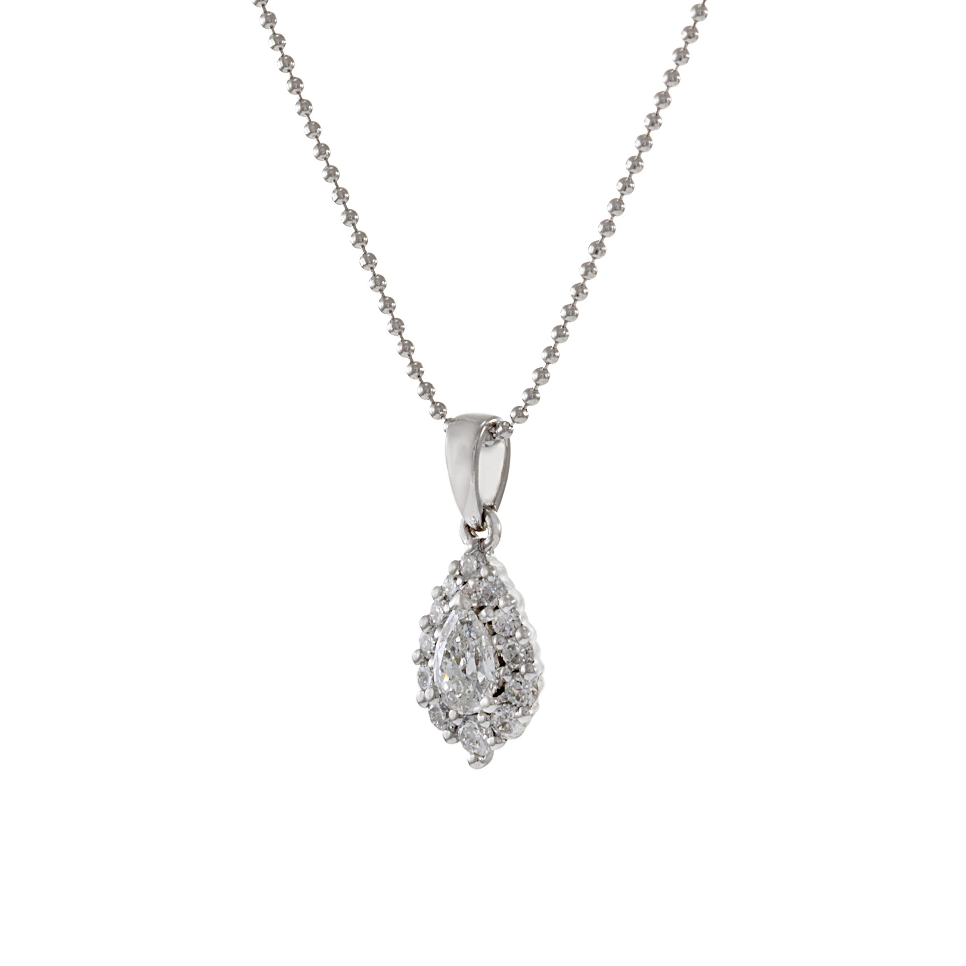 18KT White Gold Pear Shaped Diamond Halo Pendant Necklace