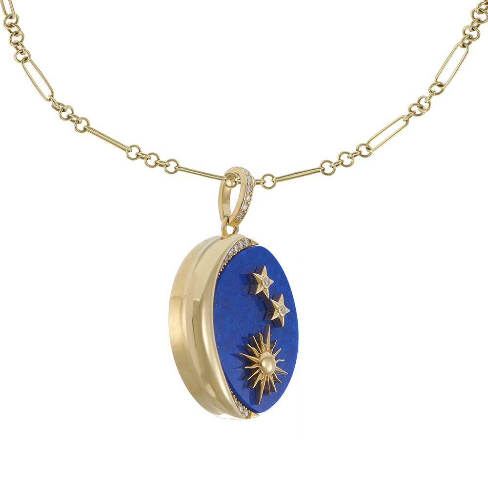 18KT Yellow Gold Sun, Moon and Stars Lapis and Diamond Pendant Necklace