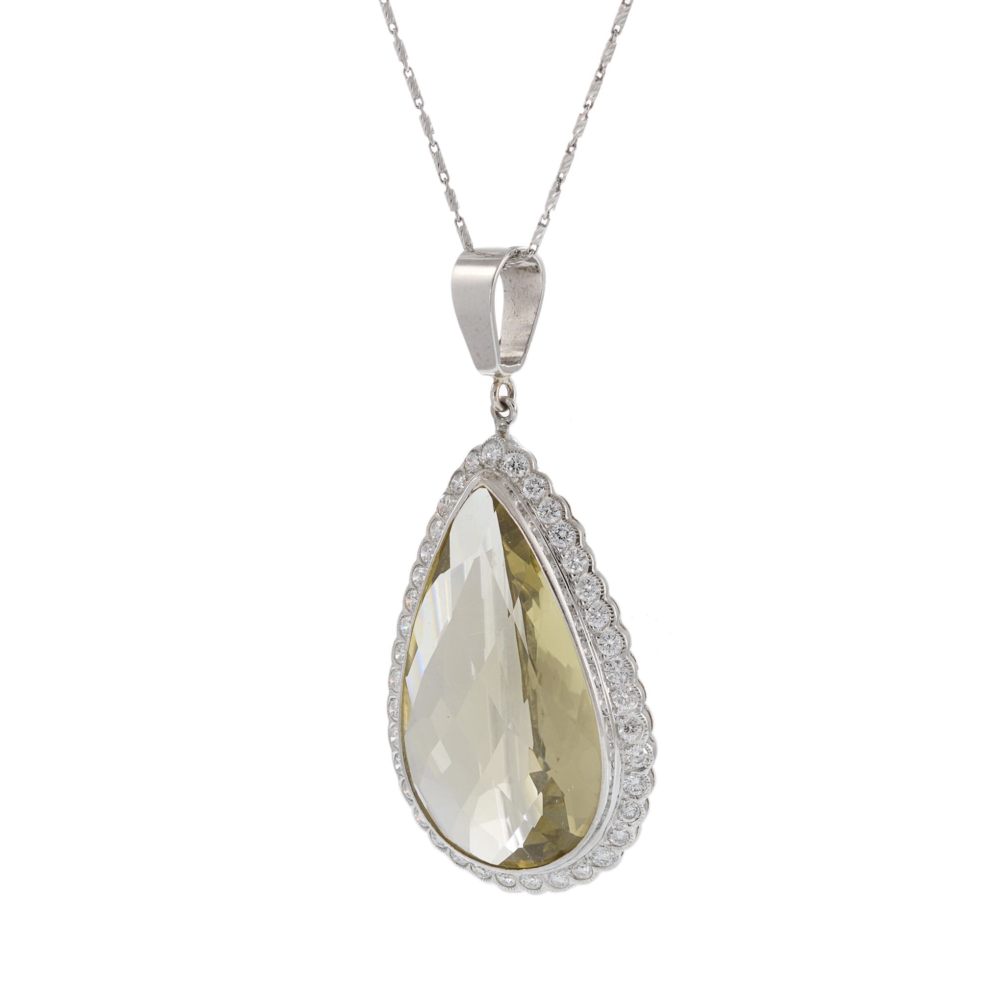 Vintage Retro Era 18KT White Gold Lemon Citrine and Diamond Pendant Necklace