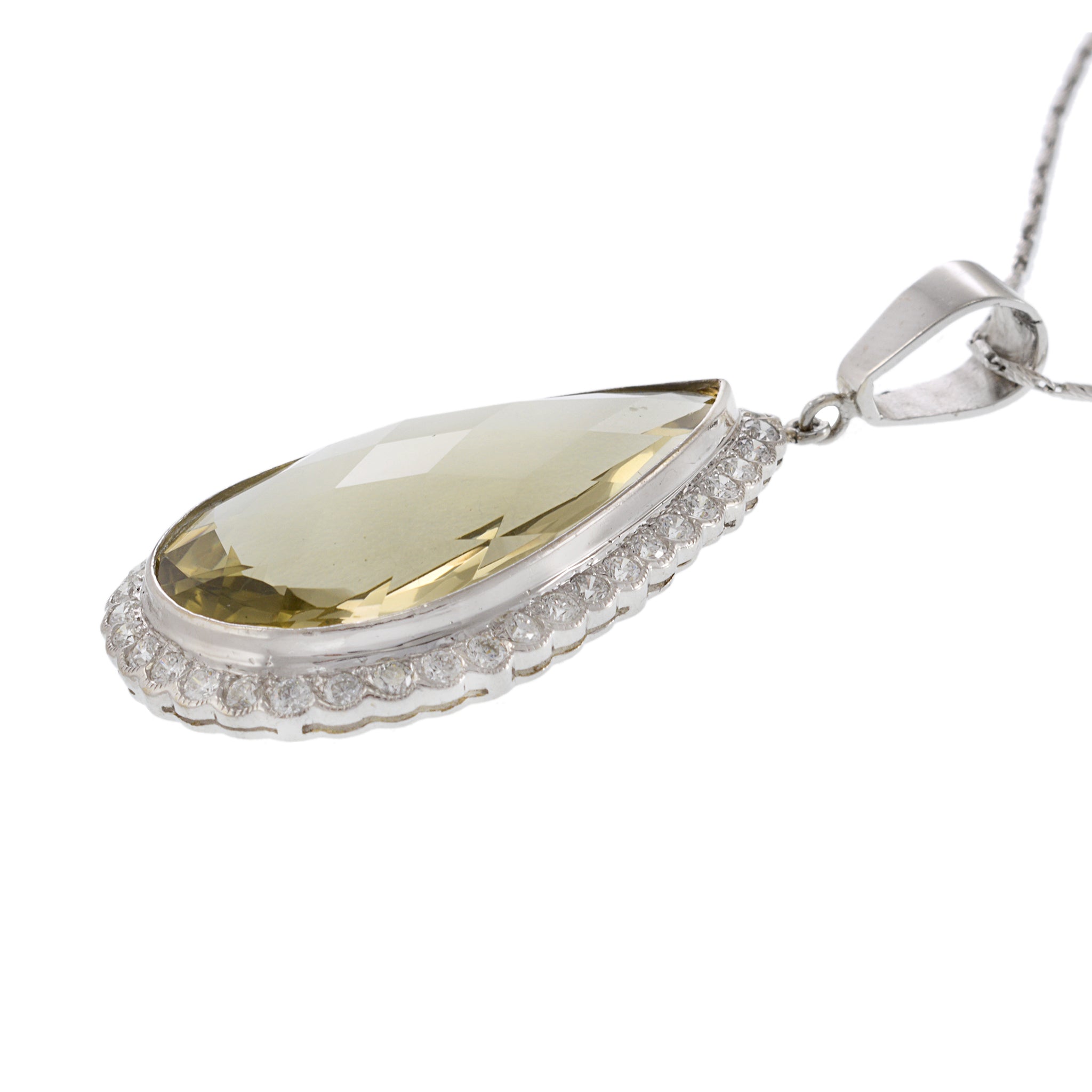 Vintage Retro Era 18KT White Gold Lemon Citrine and Diamond Pendant Necklace