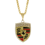 Estate 18KT Yellow Gold Porsche Emblem Pendant with Enamel and Diamonds