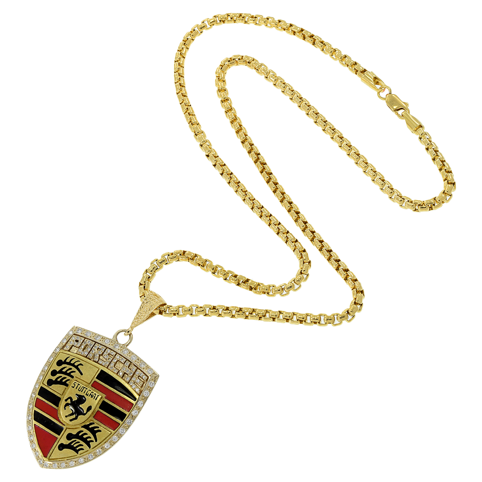 Estate 18KT Yellow Gold Porsche Emblem Pendant with Enamel and Diamonds