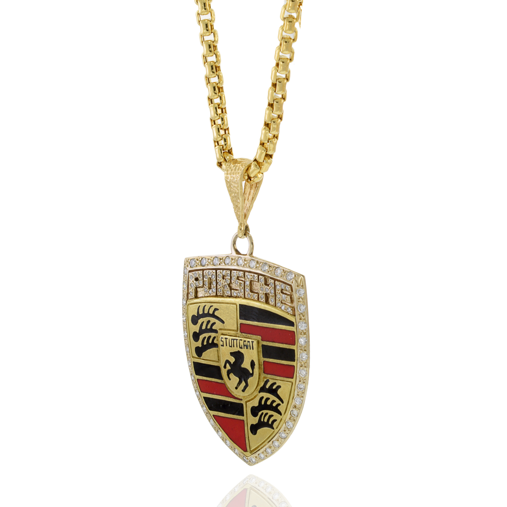 Estate 18KT Yellow Gold Porsche Emblem Pendant with Enamel and Diamonds