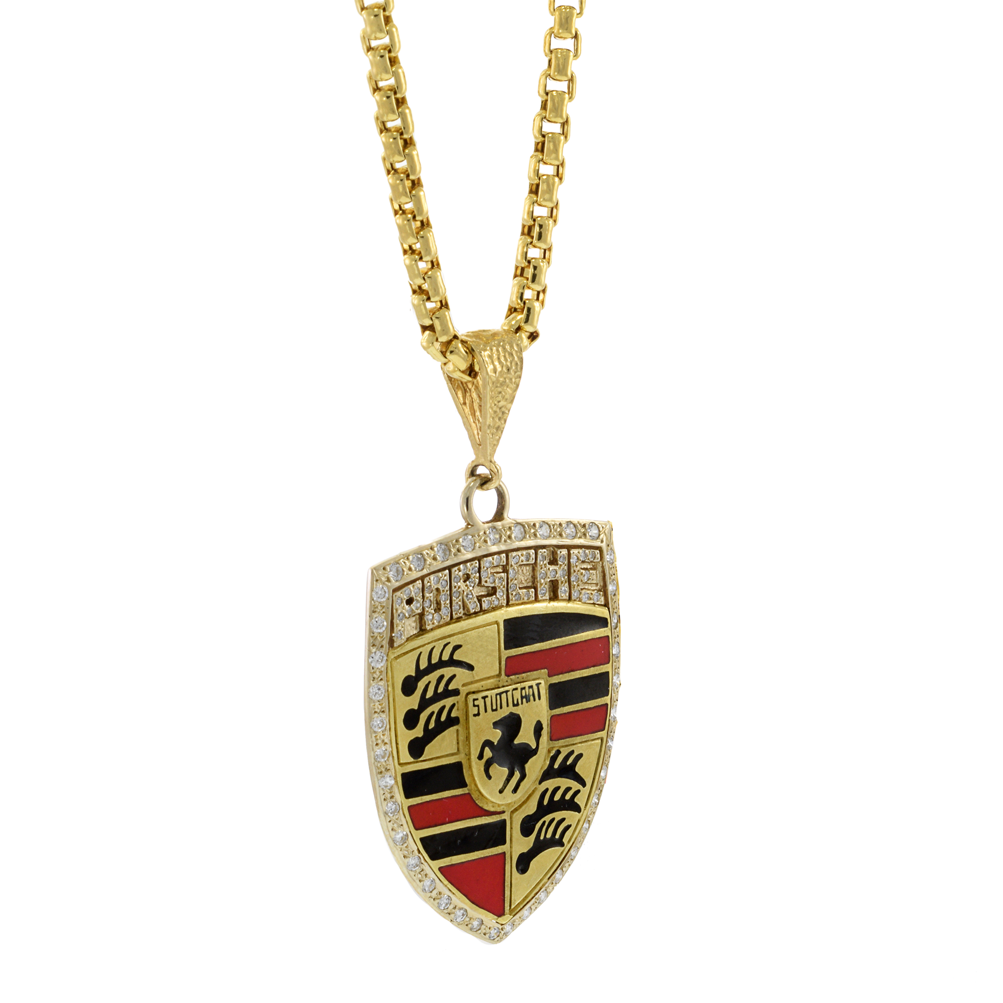 Estate 18KT Yellow Gold Porsche Emblem Pendant with Enamel and Diamonds