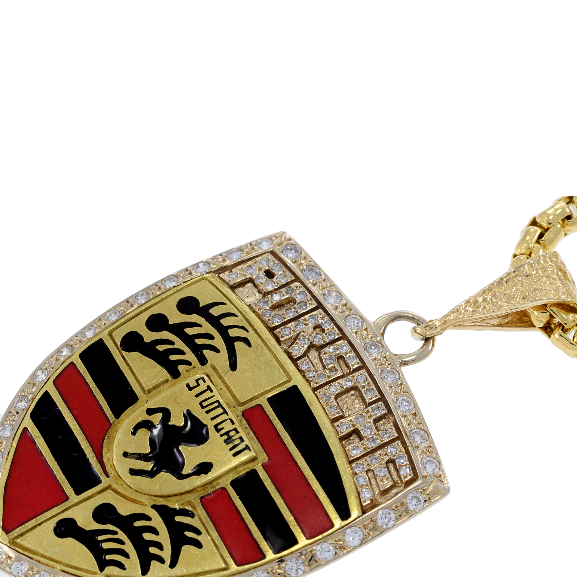 Estate 18KT Yellow Gold Porsche Emblem Pendant with Enamel and Diamonds