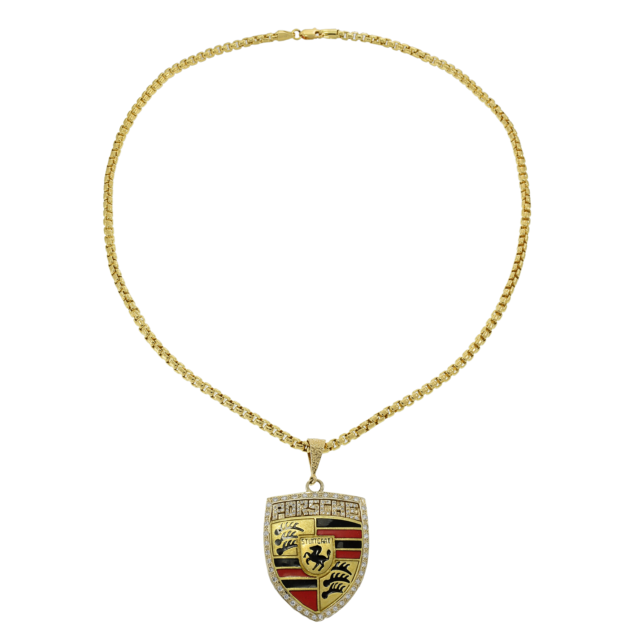 Estate 18KT Yellow Gold Porsche Emblem Pendant with Enamel and Diamonds