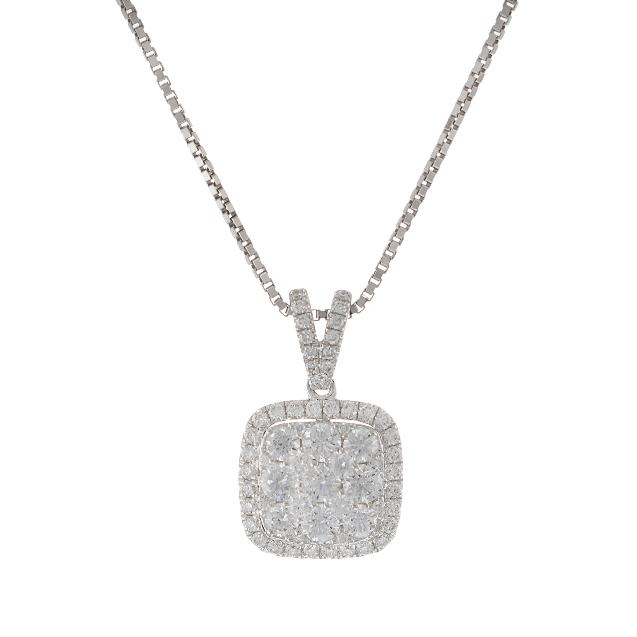 18KT White Gold Cushion Shape Pendant with Round Cut Diamonds