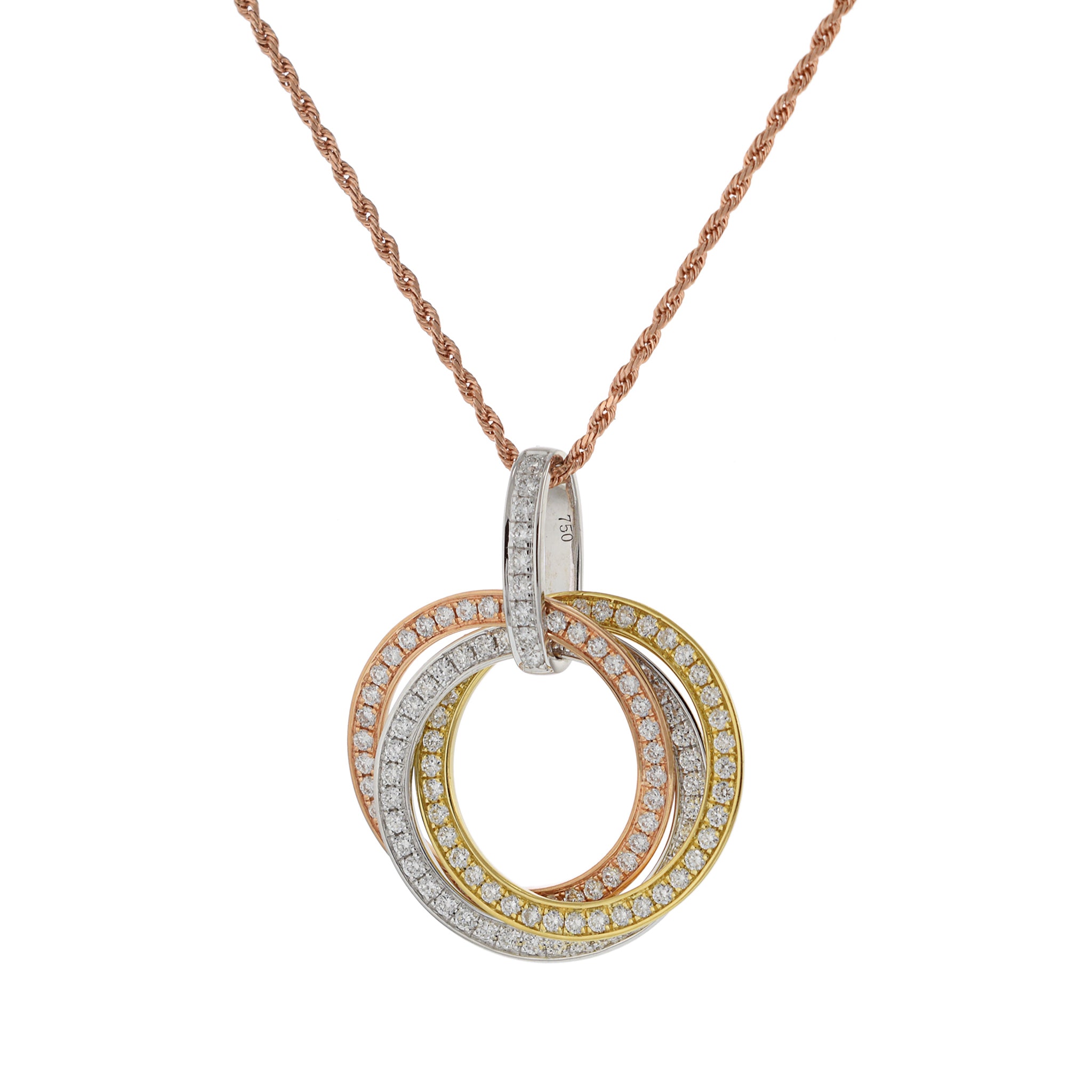 18KT Tri-Color Gold Interlocking Triple Circle Diamond Pendant