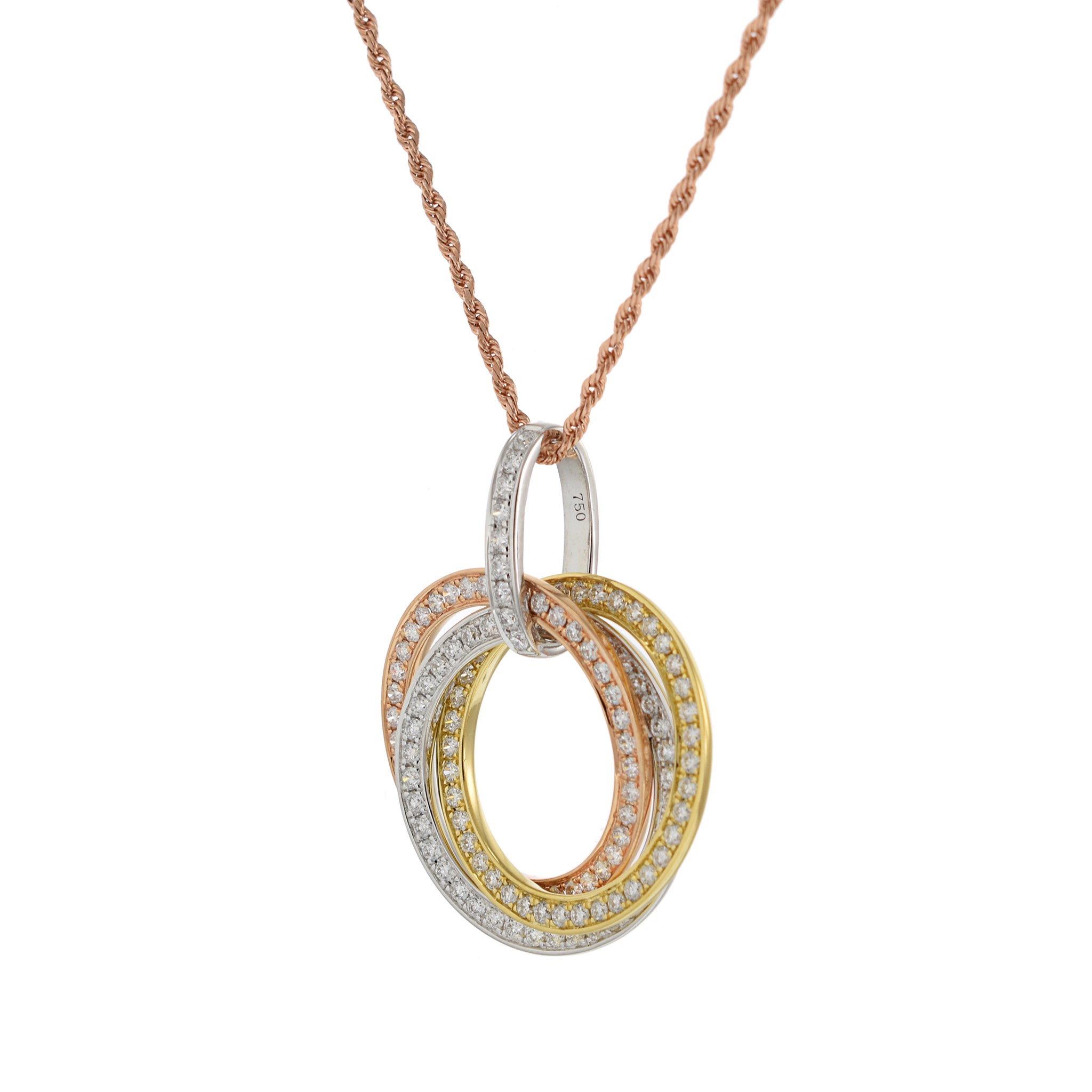 18KT Tri-Color Gold Interlocking Triple Circle Diamond Pendant