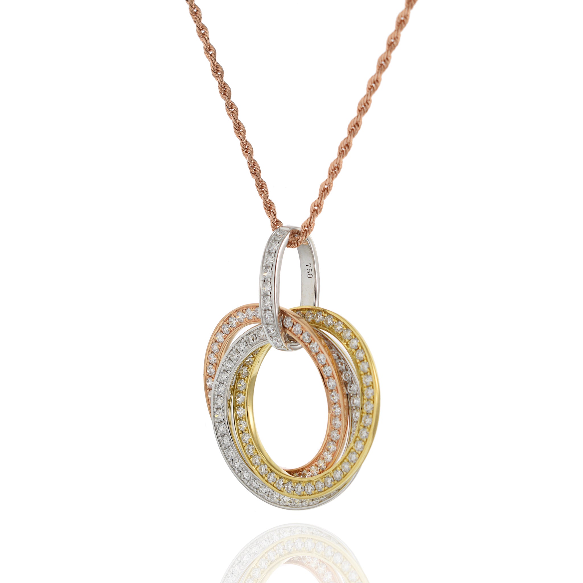 18KT Tri-Color Gold Interlocking Triple Circle Diamond Pendant