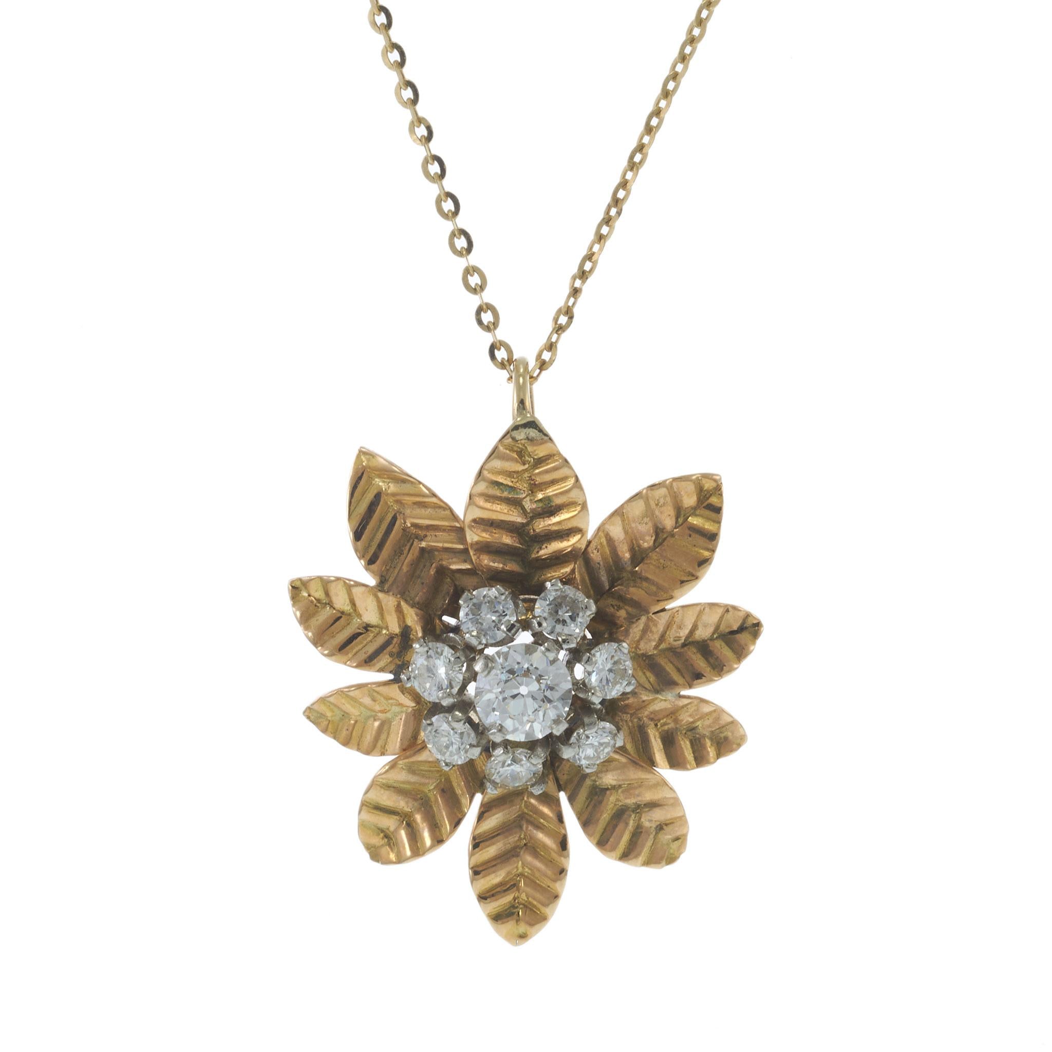 Vintage 18KT Yellow Gold Retro Period Diamond Flower Pendant