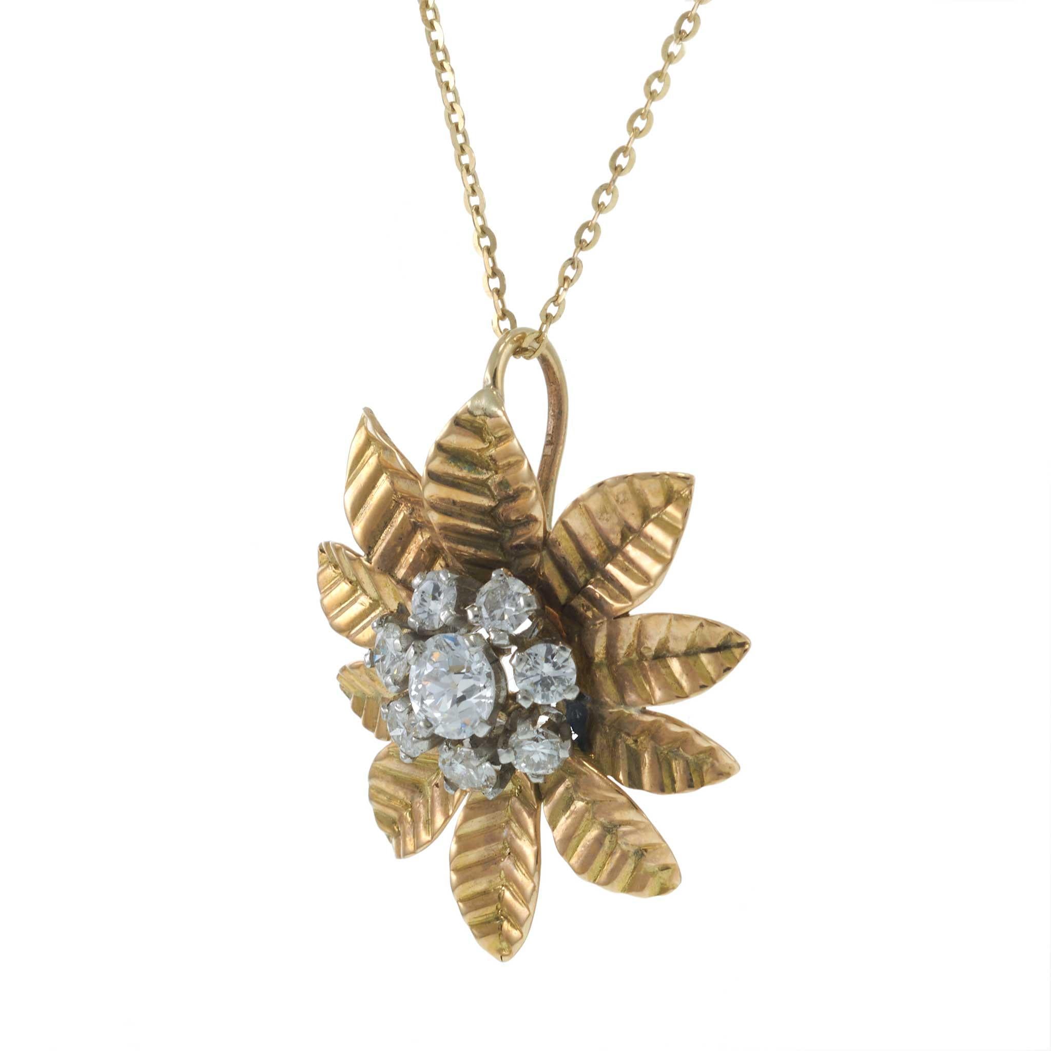 Vintage 18KT Yellow Gold Retro Period Diamond Flower Pendant