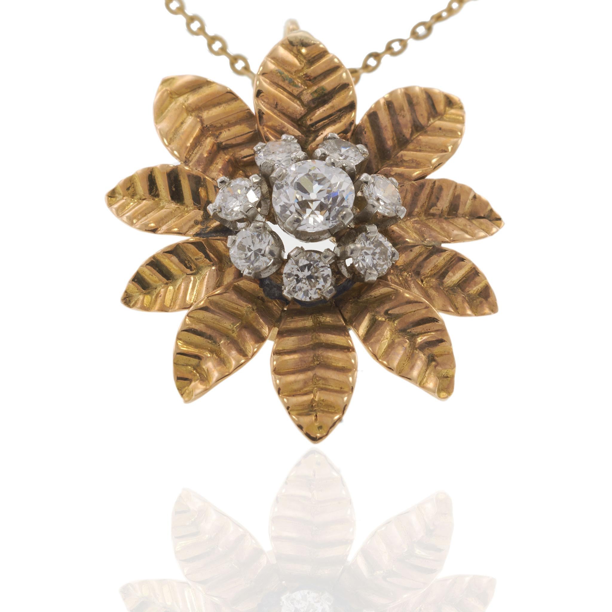 Vintage 18KT Yellow Gold Retro Period Diamond Flower Pendant