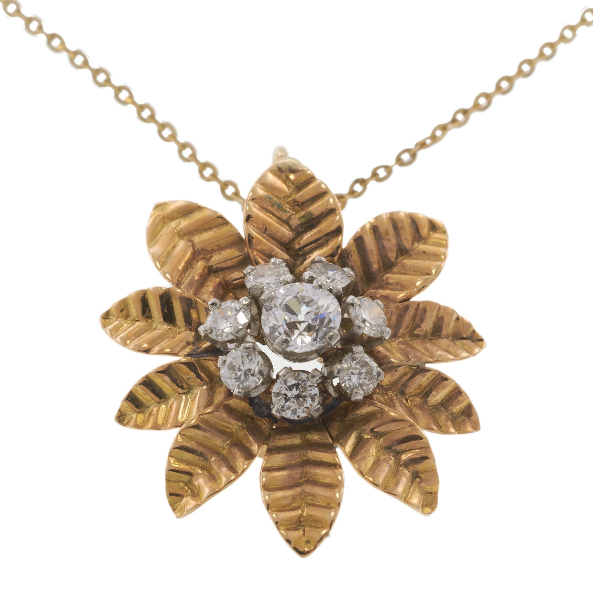 Vintage 18KT Yellow Gold Retro Period Diamond Flower Pendant