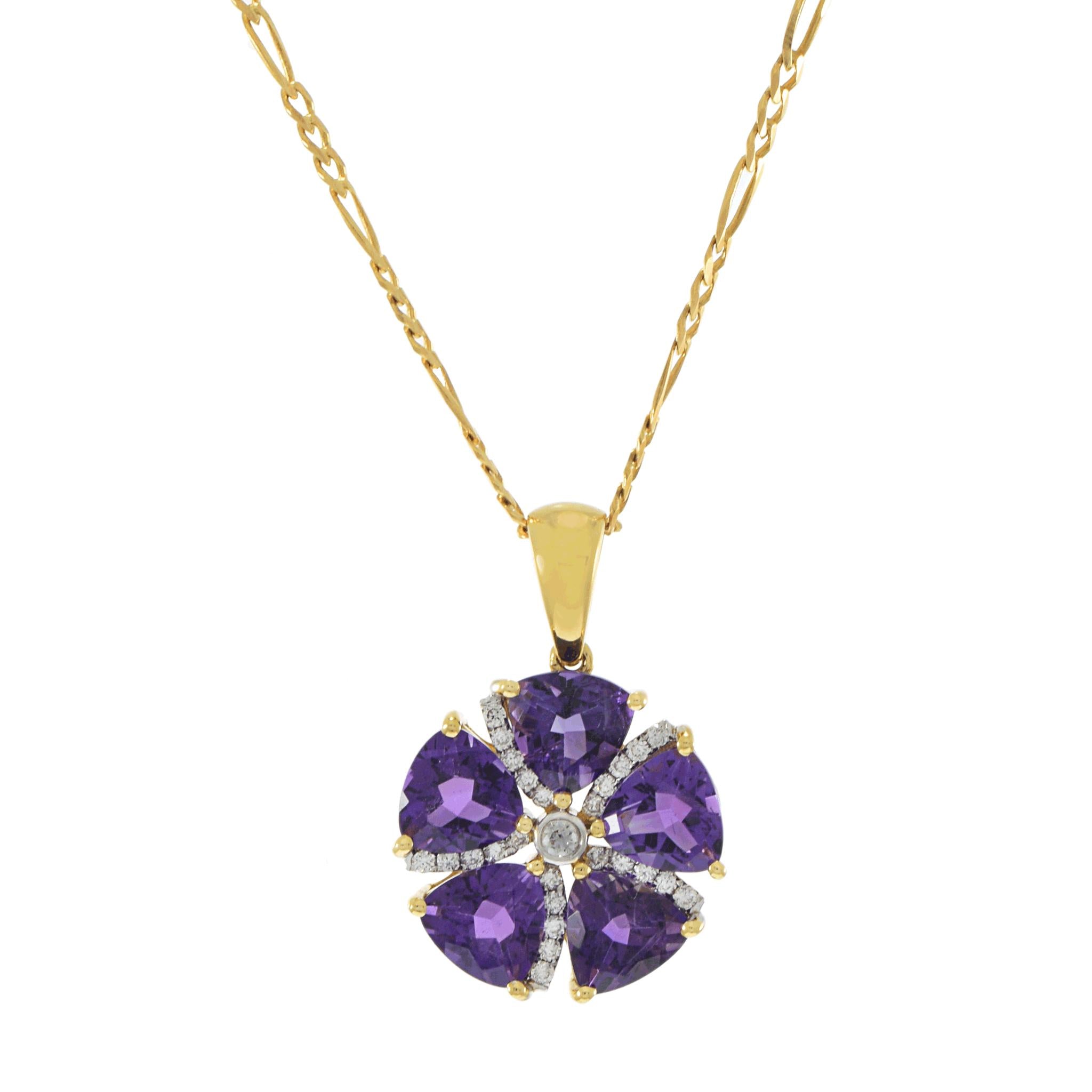 18KT Yellow Gold Amethyst and Diamond Flower Pendant