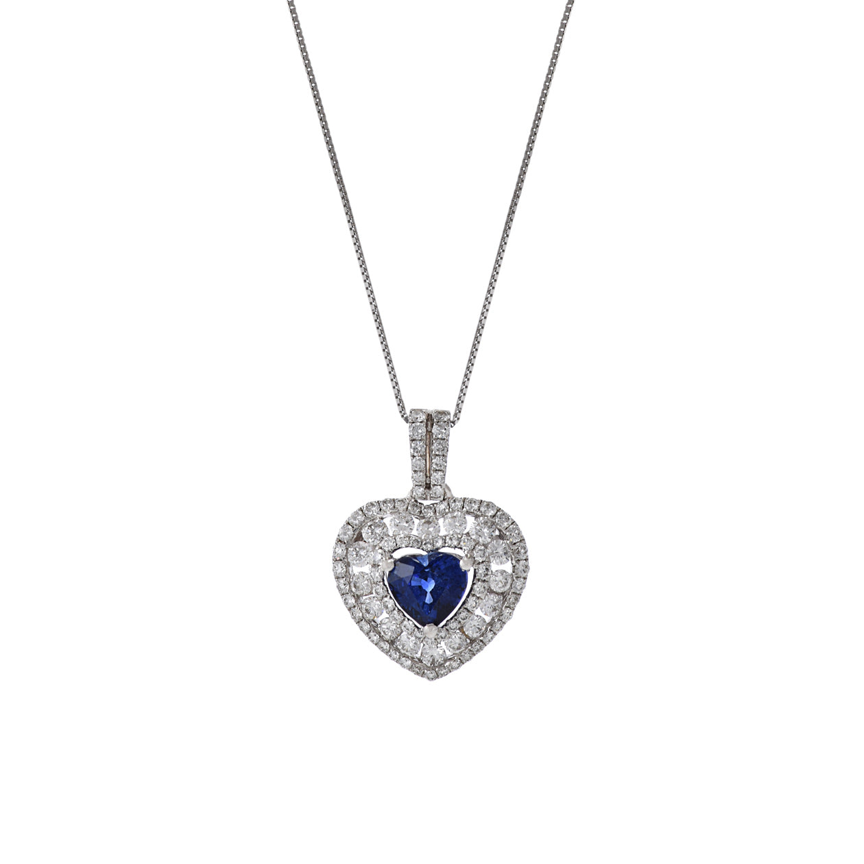 18KT White Gold Heart Shaped Blue Sapphire and Diamond Pendant