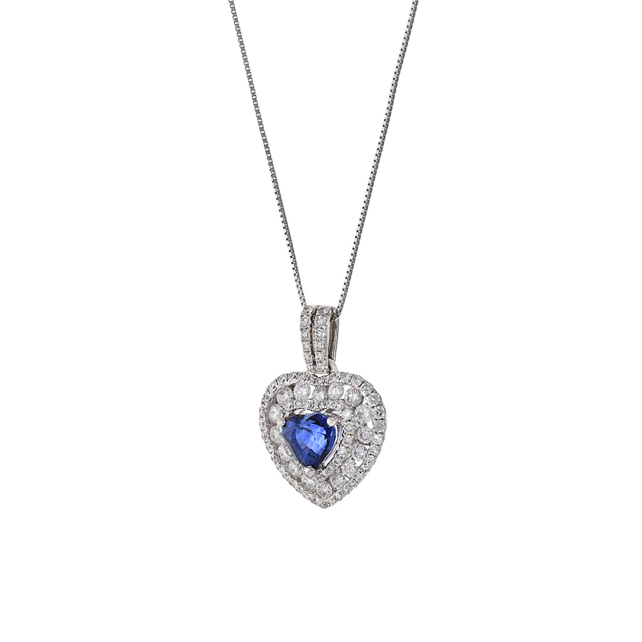 18KT White Gold Heart Shaped Blue Sapphire and Diamond Pendant