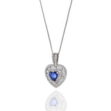 18KT White Gold Heart Shaped Blue Sapphire and Diamond Pendant